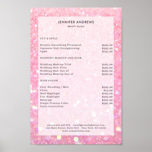 Modern, pink glitter salon price list Poster (Front)