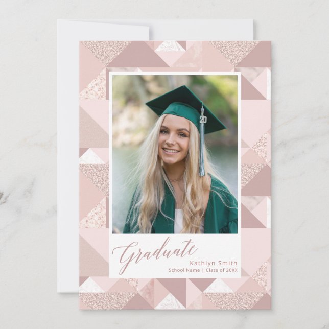 Modern Pink Glitter Script Girl Photo Graduation Announcement (Front)