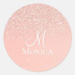 Modern Pink Glitter sparkles monogram name Classic Round Sticker