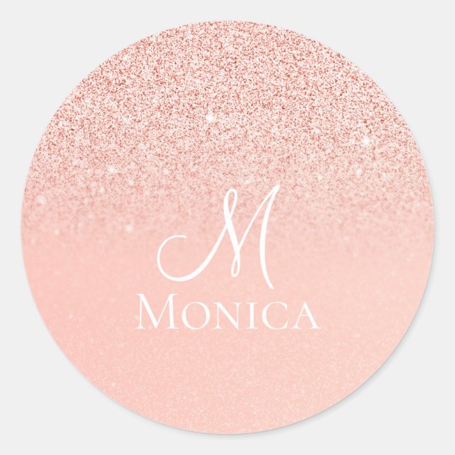 Modern Pink Glitter sparkles monogram name  Classic Round Sticker (Front)