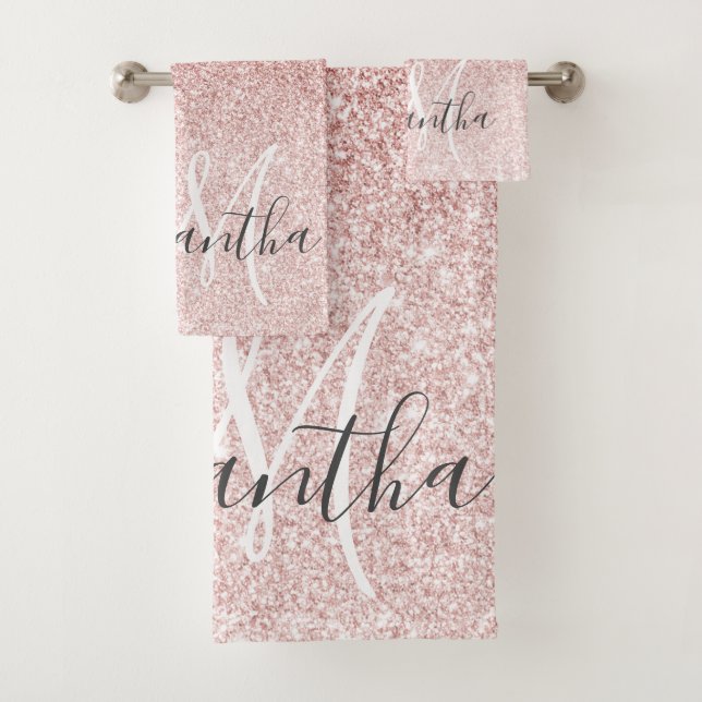 Modern Pink Glitter Sparkles Personalised Name Bath Towel Set (Insitu)