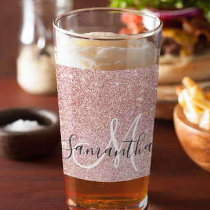 Modern Pink Glitter Sparkles Personalised Name Glass