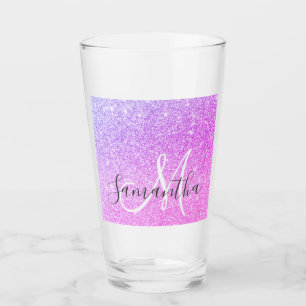 Modern Pink Glitter Sparkles Personalised Name Glass