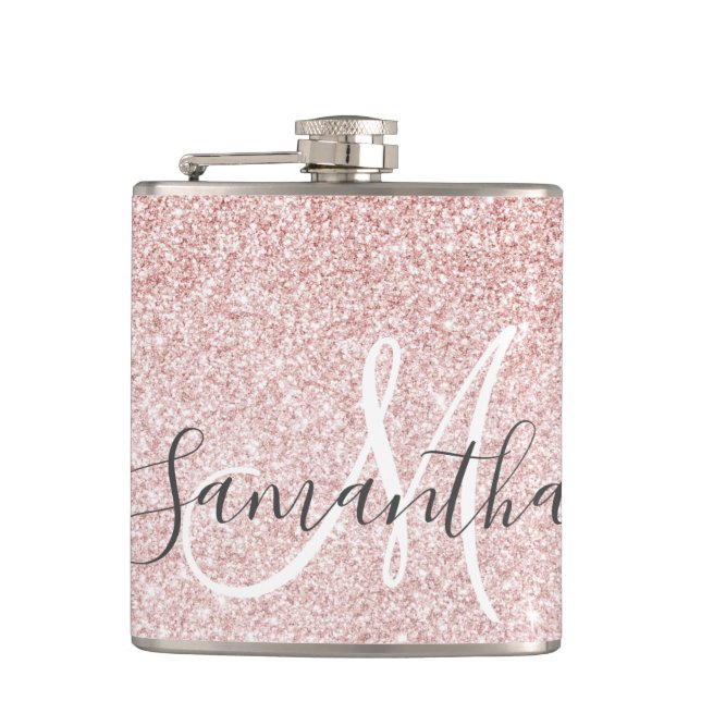 Modern Pink Glitter Sparkles Personalised Name Hip Flask (Front)