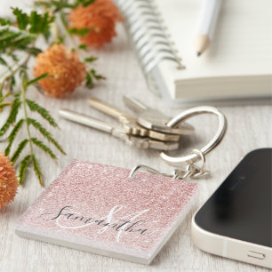 Modern Pink Glitter Sparkles Personalised Name Key Ring
