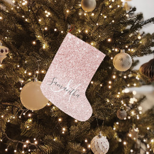 Modern Pink Glitter Sparkles Personalised Name Large Christmas Stocking