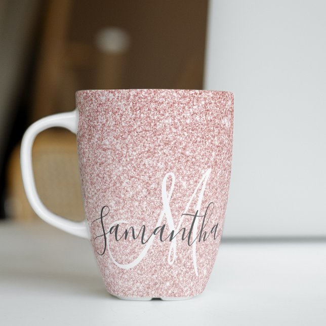 Modern Pink Glitter Sparkles Personalised Name Latte Mug (Creator Uploaded)