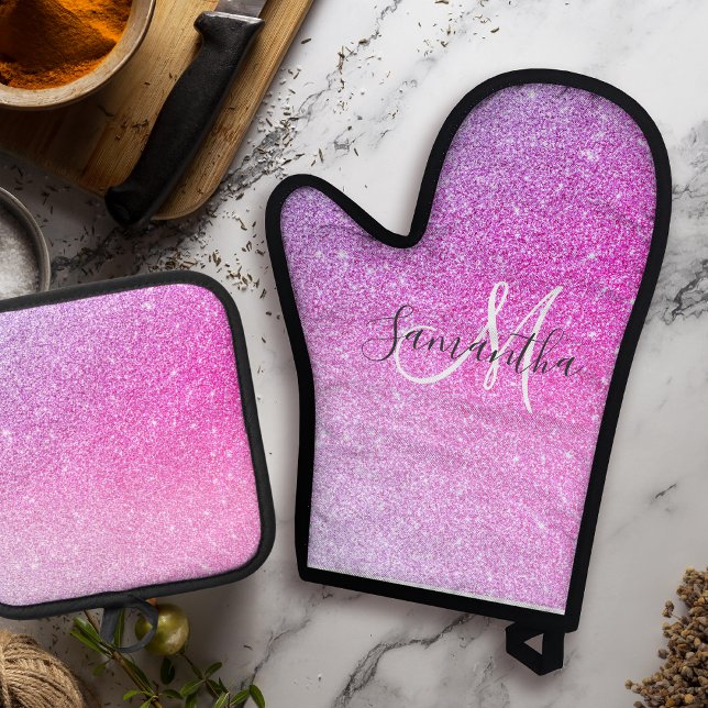Modern Pink Glitter Sparkles Personalised Name Oven Mitt & Pot Holder Set (Creator Uploaded)