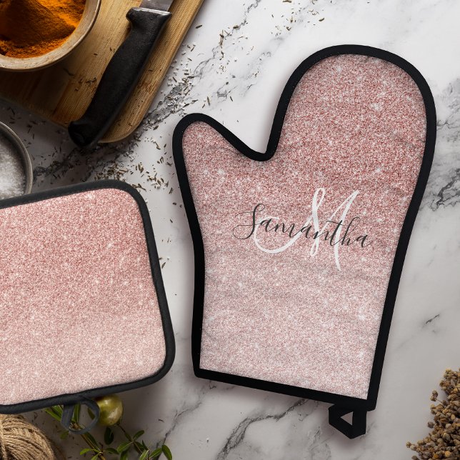 Modern Pink Glitter Sparkles Personalised Name Oven Mitt & Pot Holder Set (Creator Uploaded)