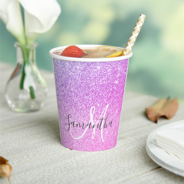 Modern Pink Glitter Sparkles Personalised Name Paper Cups (Insitu)
