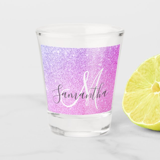 Modern Pink Glitter Sparkles Personalised Name Shot Glass (Front)
