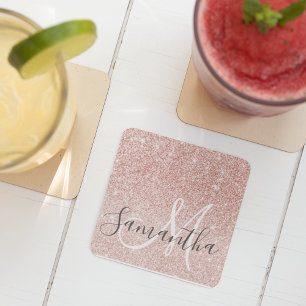 Modern Pink Glitter Sparkles Personalised Name Square Paper Coaster