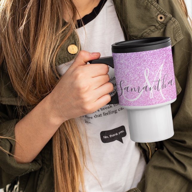 Modern Pink Glitter Sparkles Personalised Name Travel Mug (Creator Uploaded)