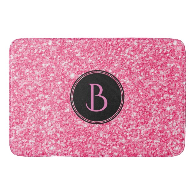 Modern Pink Glitter Texture With Monogram Bath Mat (Front)