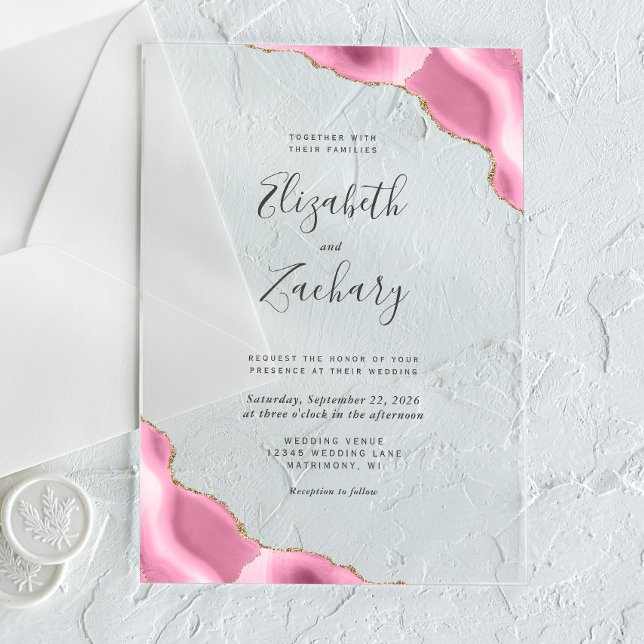Modern Pink Gold Agate Corners Wedding Acrylic Invitations (Creator Uploaded)