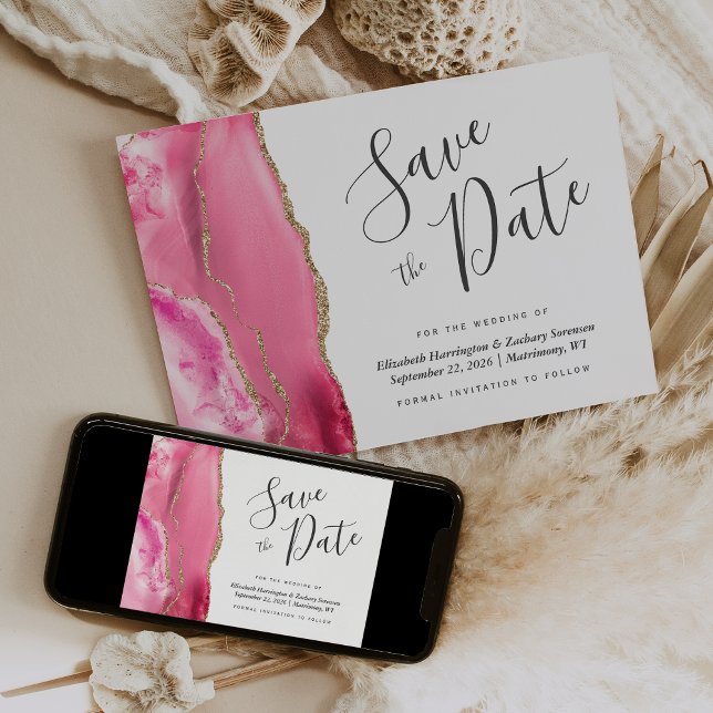 Modern Pink Gold Agate Save the Date Card (Creator Uploaded)