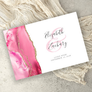 Modern Pink Gold Agate Script Wedding Guest Book