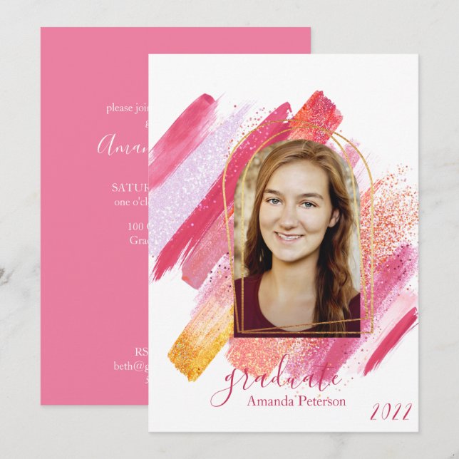 Modern Pink & Gold Arched Graduation Invitation (Front/Back)
