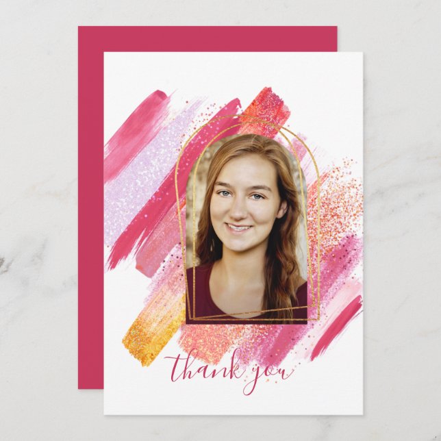 Modern Pink & Gold Arched Graduation Thank You Inv Invitation (Front/Back)
