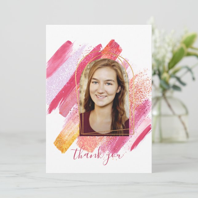 Modern Pink & Gold Arched Graduation Thank You Invitation (Standing Front)