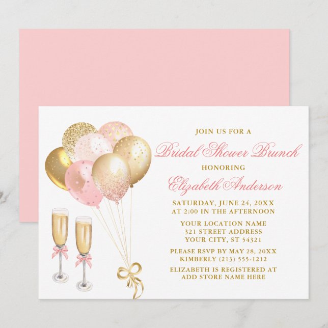 Modern Pink Gold Balloons Bridal Shower Brunch Invitation (Front/Back)