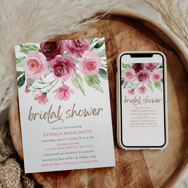 Modern Pink Gold Burgundy Floral Bridal Shower Invitation (Modern Pink Gold Burgundy Floral Bridal Shower Invitation)