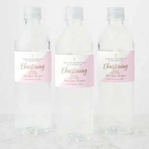 Modern Pink Gold Christening Script Thank You Water Bottle Label