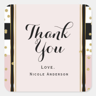 Modern Pink & Gold Confetti Black White Stripe Square Sticker