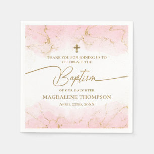 Modern Pink Gold Cross Girl Baptism Napkin