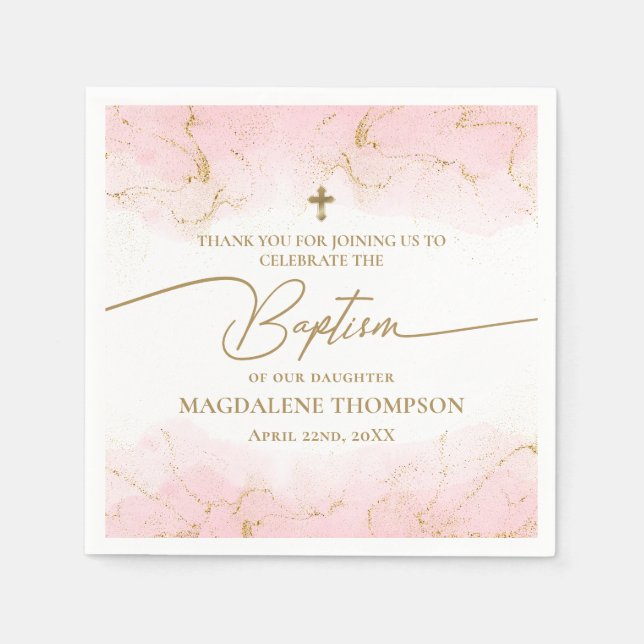 Modern Pink Gold Cross Girl Baptism Napkin (Front)