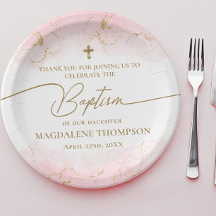 Modern Pink Gold Cross Girl Baptism Paper Plate