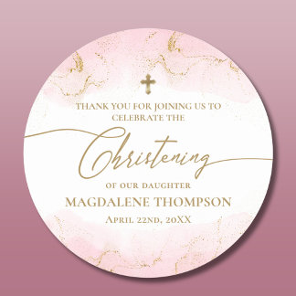 Modern Pink Gold Cross Girl Christening Classic Round Sticker