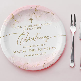 Modern Pink Gold Cross Girl Christening Paper Plate
