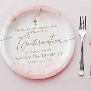 Modern Pink Gold Cross Girl Cofirmation Paper Plate