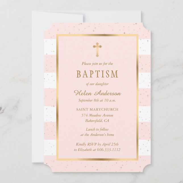 Modern Pink Gold Cross Stars Girl Baptism Invitation (Front)