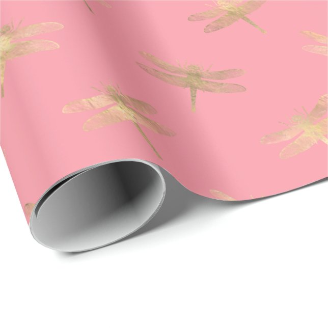 Modern Pink Gold Dragonfly Pattern Wrapping Paper (Roll Corner)