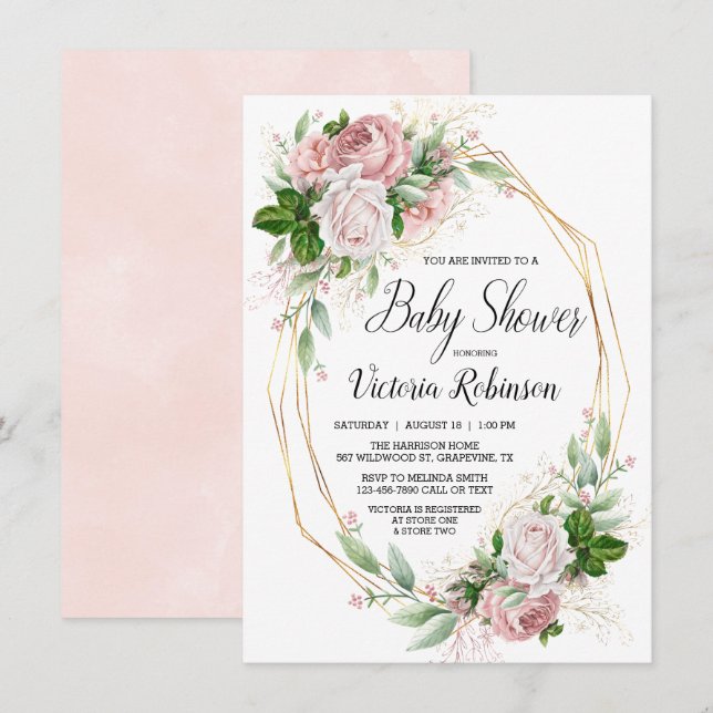 Modern Pink Gold Elegant Floral Baby Shower Invitation (Front/Back)