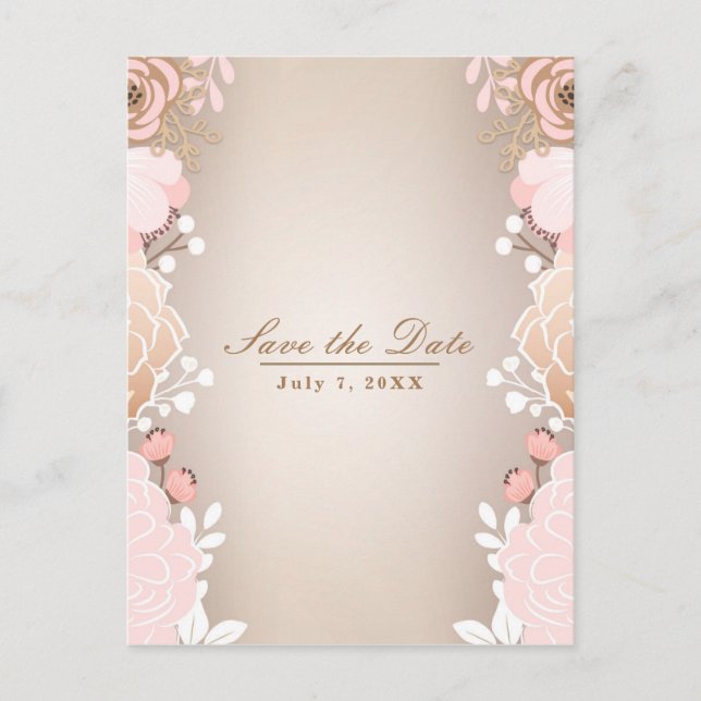 Modern Pink & Gold Floral Botanical Save the Date Announcement Postcard (Front)