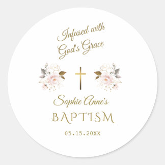 Modern Pink Gold Floral Calligraphy Girl Baptism Classic Round Sticker