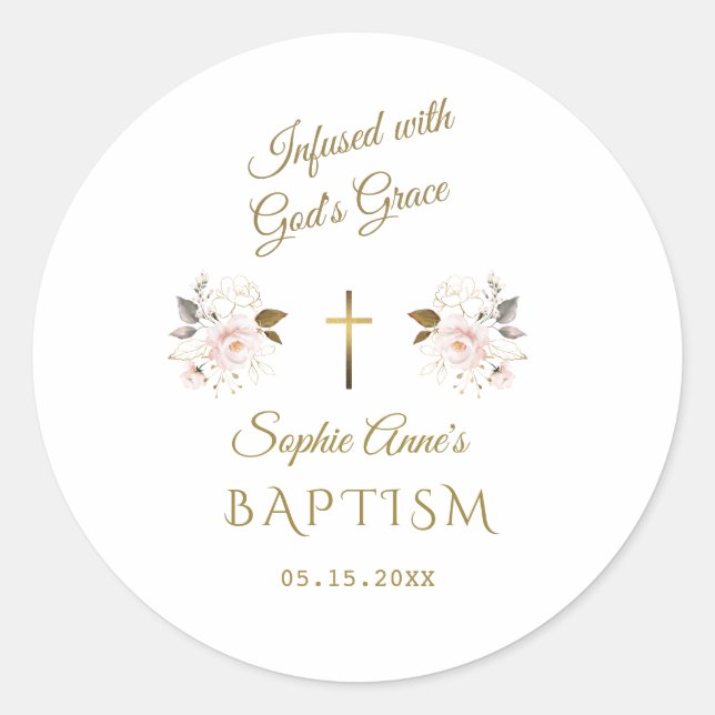 Modern Pink Gold Floral Calligraphy Girl Baptism Classic Round Sticker (Front)