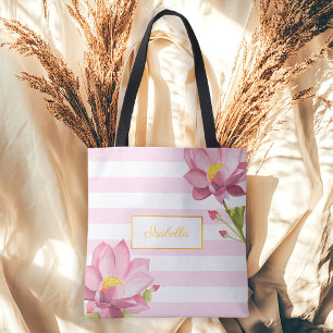 Modern Pink Gold Floral Lotus Bridesmaid Tote Bag