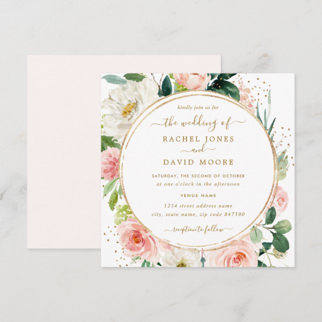 Modern Pink Gold Floral Watercolor Wedding Invite (Front/Back)