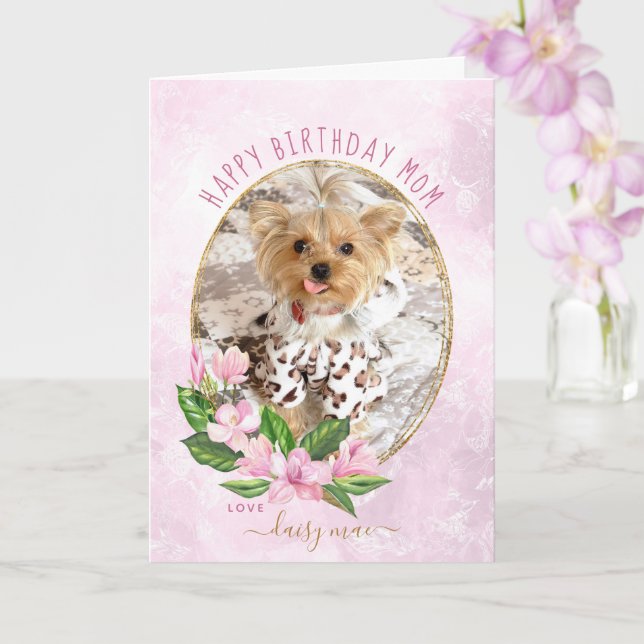 Modern Pink Gold Floral Wreath Dog Photo Birthday Card (Orchid)