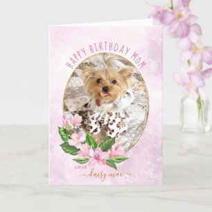 Modern Pink Gold Floral Wreath Dog Photo Birthday Card