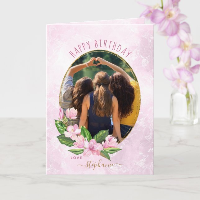 Modern Pink Gold Floral Wreath Photo Birthday Card (Orchid)