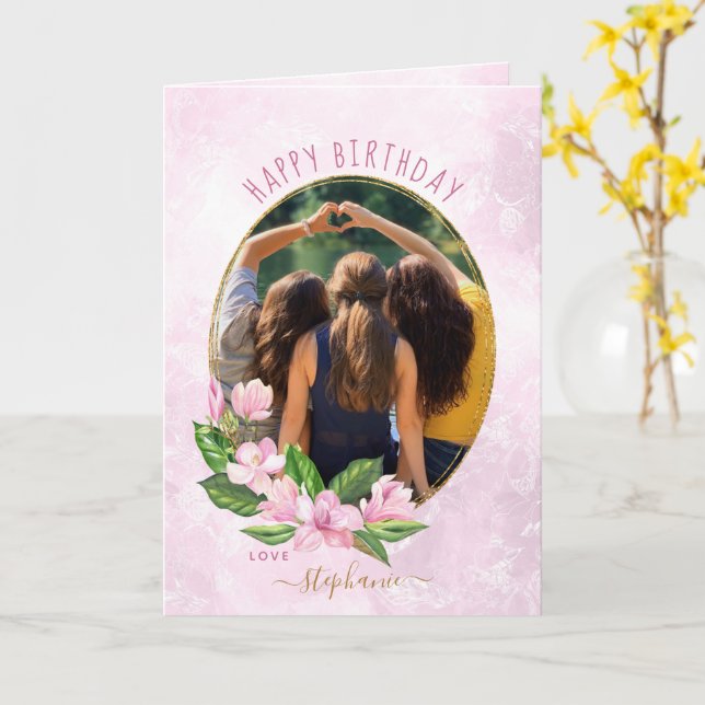 Modern Pink Gold Floral Wreath Photo Birthday Card (Yellow Flower)