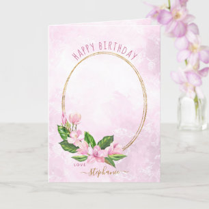 Modern Pink Gold Floral Wreath Photo Birthday Card