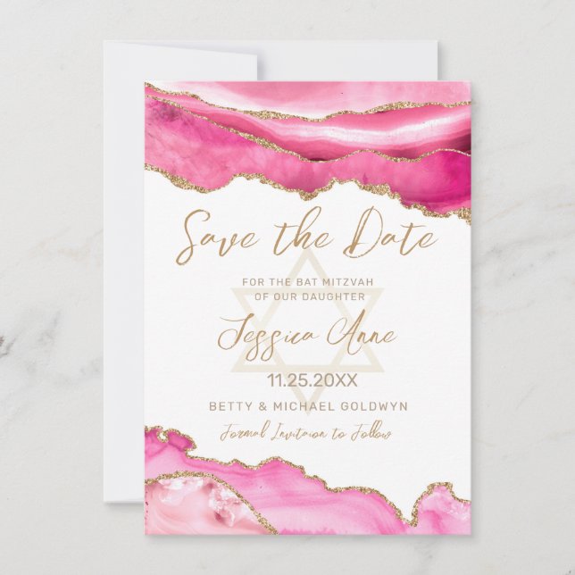 Modern Pink Gold Glitter Agate Bat Mitzvah Save The Date (Front)