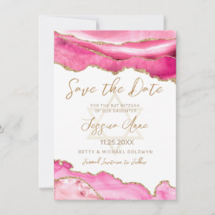 Modern Pink Gold Glitter Agate Bat Mitzvah Save The Date