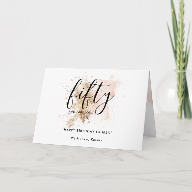 Modern Pink Gold Glitter Girly 50th Birthday Card (Front)
